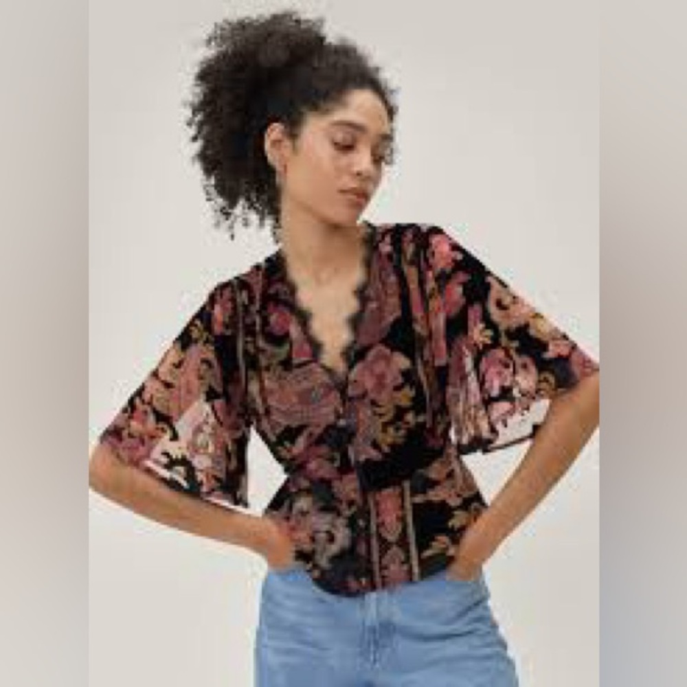 Nasty Gal Devore Paisley Print Lace Trim Blouse- Size 8